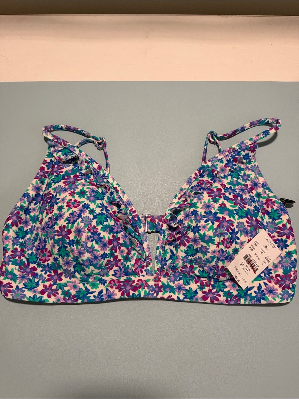 J.Crew Floral Ruffle Bikini Women Top Large NWT Adjustable Straps